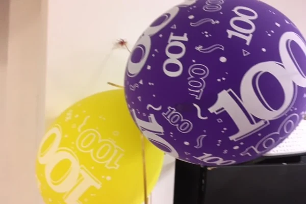 Balloons marking a resident's 100th birthday at Parkside Nursing Home